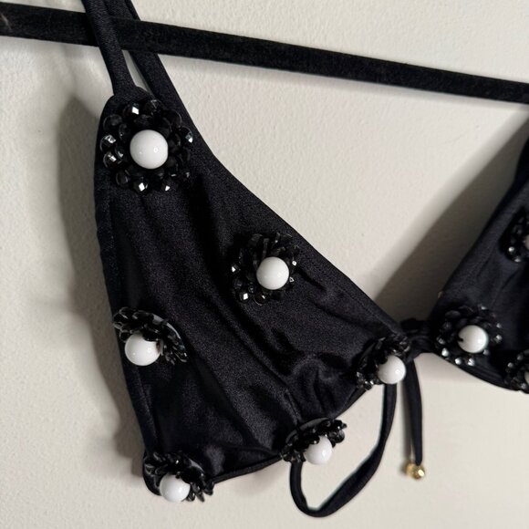 PatBO Women's Large Black Floral Applique Bikini Top Tie Front Swimsuit Beach - Picture 5 of 7